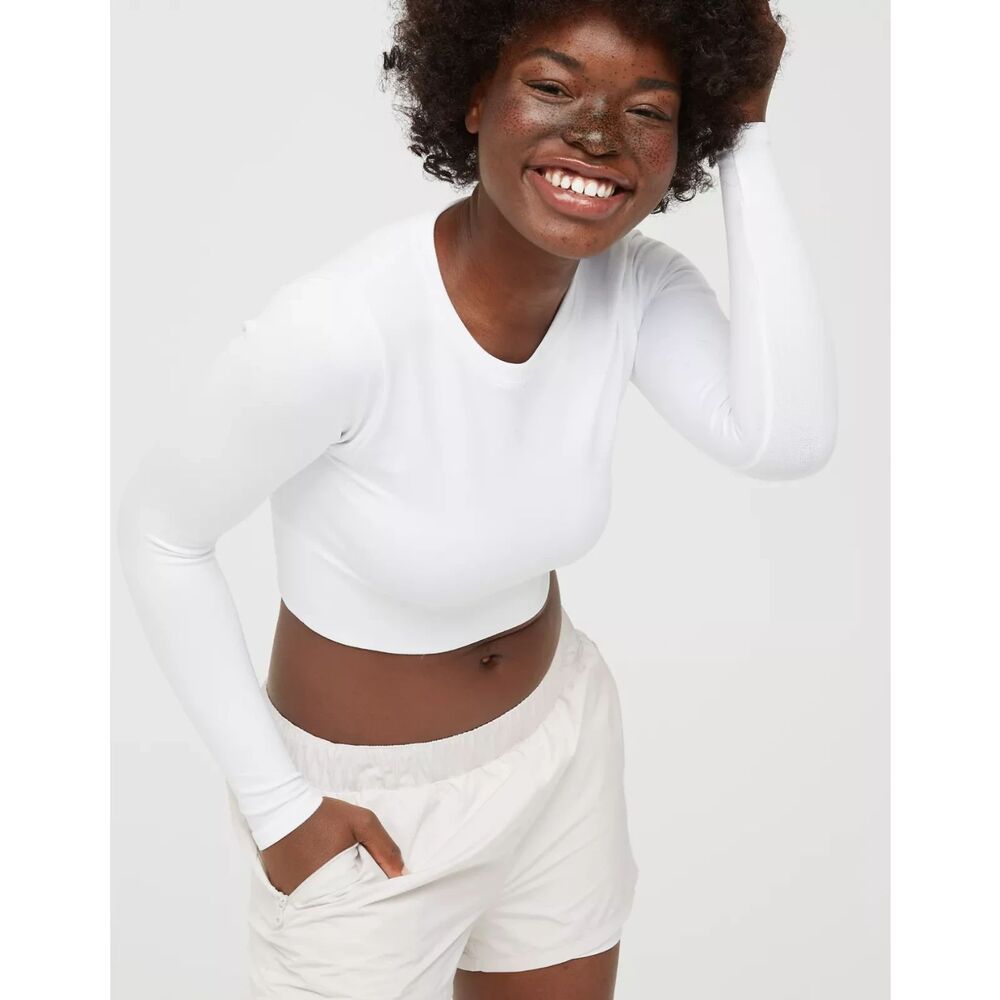 OFFLINE By Aerie Sidewalk Seamless Long Sleeve Cropped T-Shirt, White, M